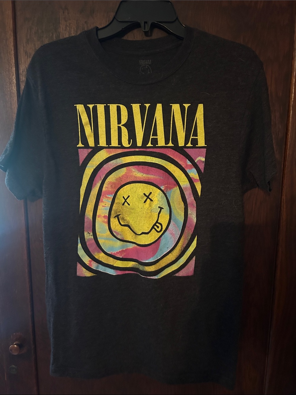 NIRVANA Black Kids Tee with Yellow Logo and Multicolor Swirl